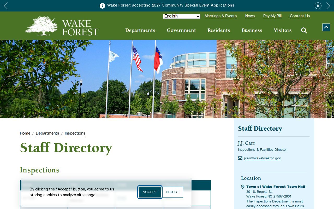 Wake Forest people directories listing town inspections staff