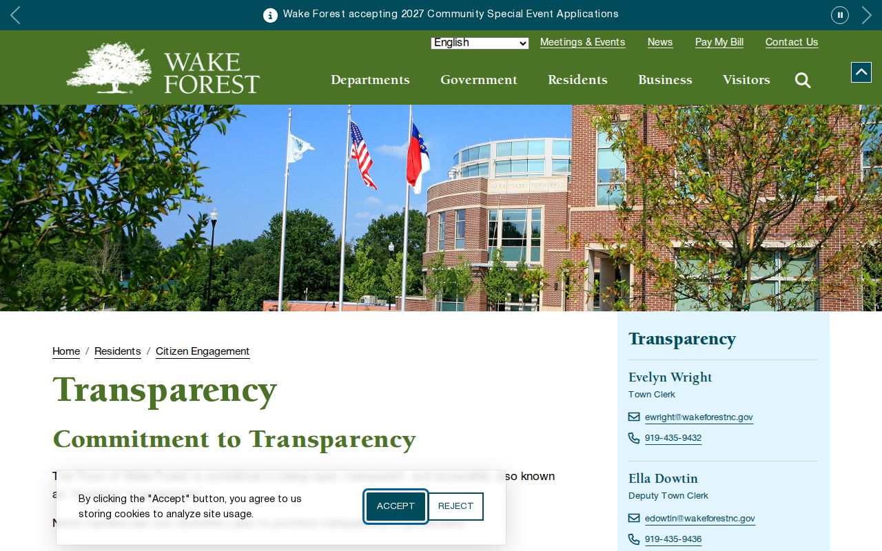 Wake Forest open records request route on the Town transparency page