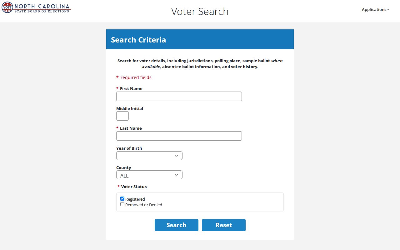 Wake Forest voter registration search fields in the North Carolina lookup
